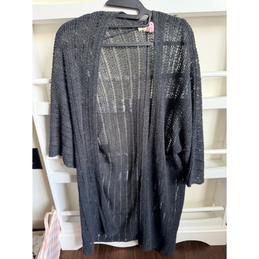 Eileen Fisher Organic Linen Cotton Open Knit Long Cardigan Charcoal Gray Large
